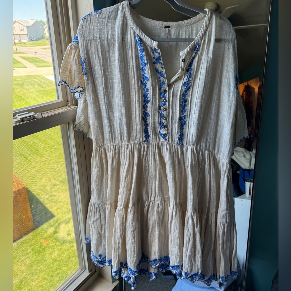 Free People Linen Dress With Blue Details